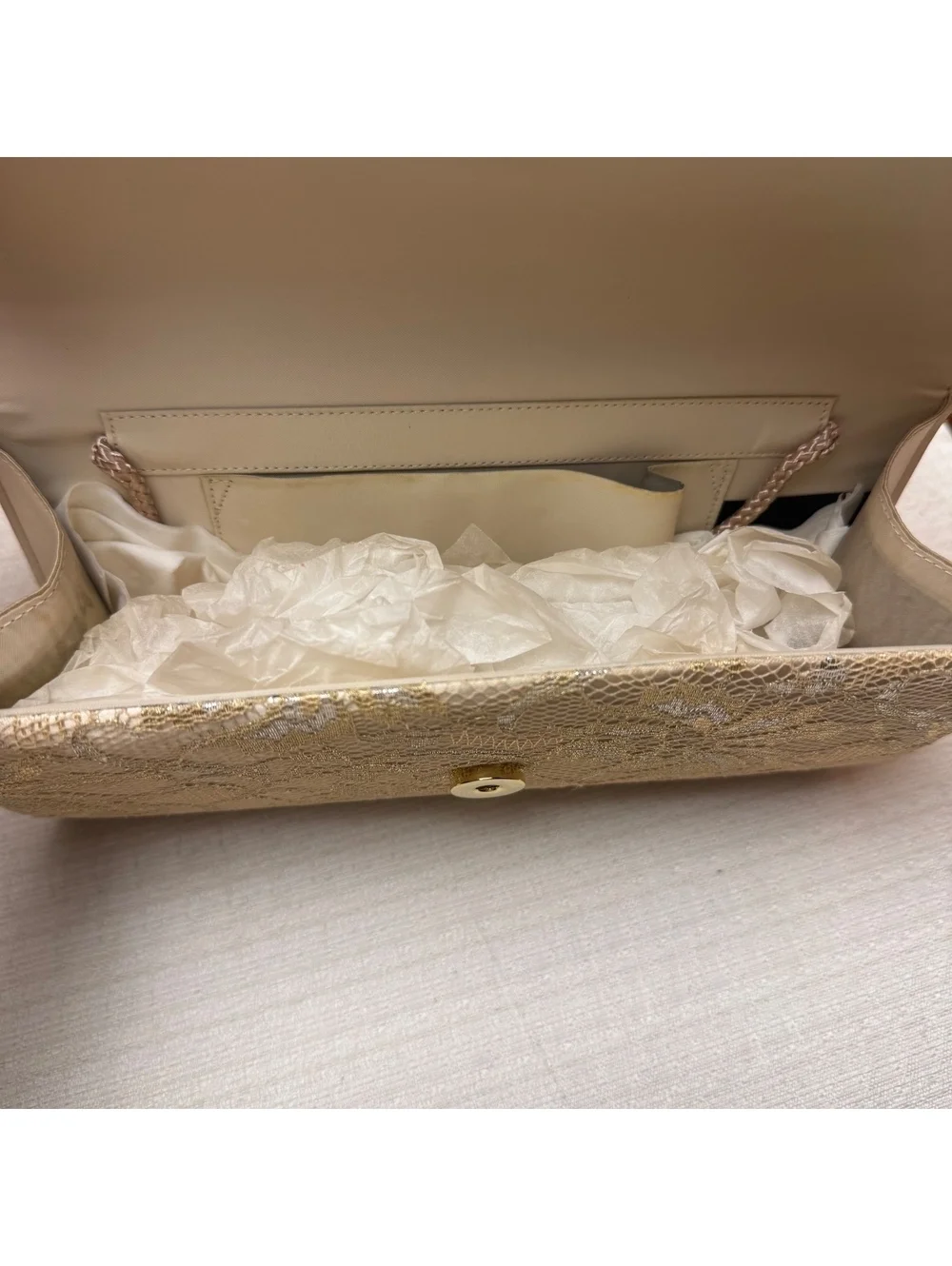 Vintage Gold Metallic Lace Evening Clutch Purse Chain Strap Formal Handbag